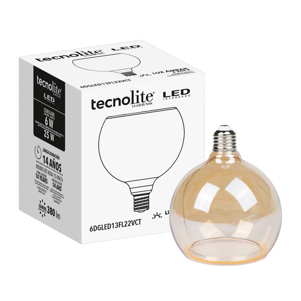 BOMBILLA AMBAR LED VINTAGE TIPO GLOBO 6W WW DIMER. TECNO LI